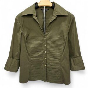 Tracy M. Women’s Olive Green XL Button‑Up Blouse Pleated 3/4 Sleeve